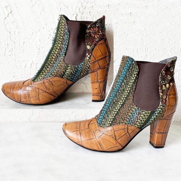 Tracy Porter Fabric & Croc Leather Brocade Boho Pull On Ankle Boots-Women's 10 - Picture 3 of 8